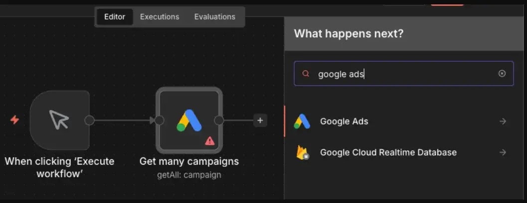 Ο κακόβουλος κόμβος Google Ads εμφανίζεται στην παλέτα κόμβων n8n μετά την εγκατάσταση του παραβιασμένου πακέτου.